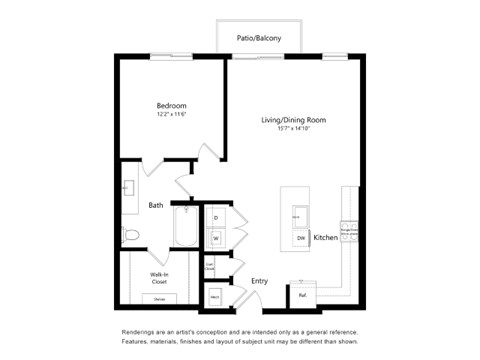 A floor plan of a home with a living room, dining room, kitchen, bathroom, and bedroom.